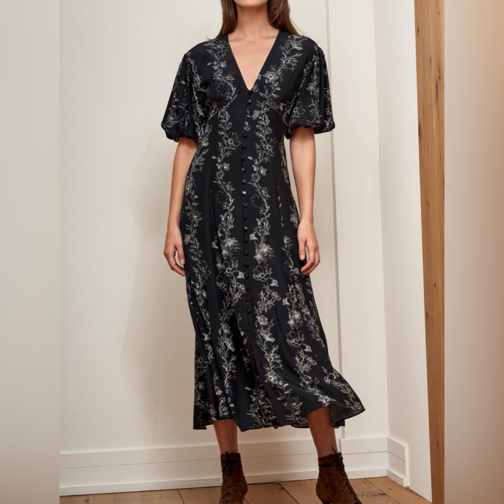 La Ligne Florence Black and Silver Floral Midi Dress